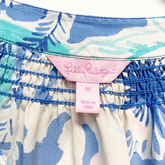 Lilly Pulitzer Women's Elsa Blue Silk Tropical Coral Smocked Blouse Size Medium - Picture 3 of 5